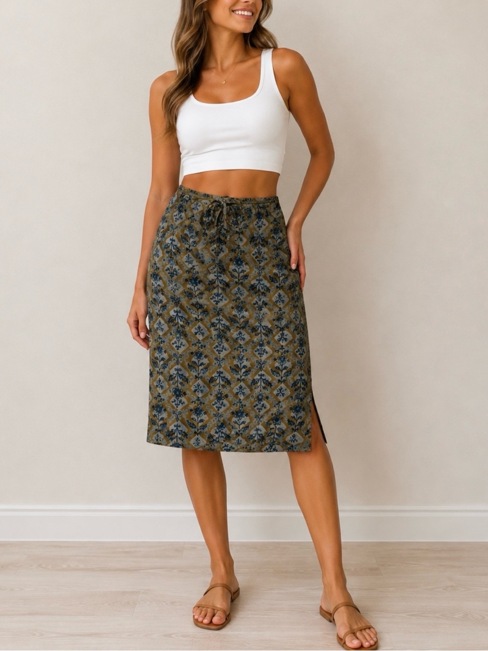Olive Green Printed Midi Skirt with Drawstring Waist